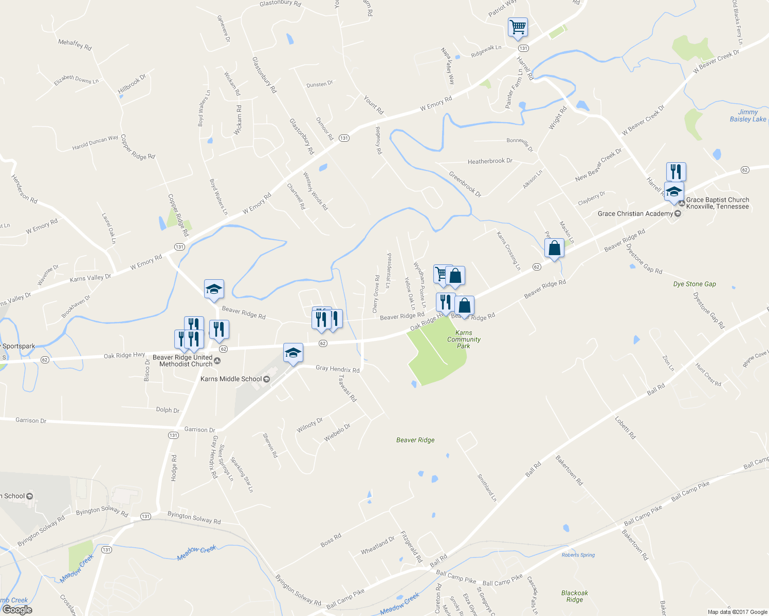 map of restaurants, bars, coffee shops, grocery stores, and more near 7541 Beaver Ridge Road in Knoxville