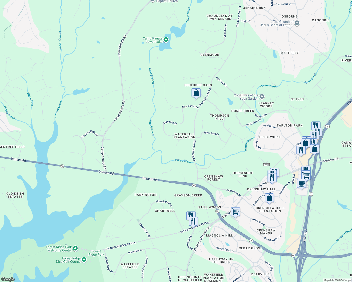 map of restaurants, bars, coffee shops, grocery stores, and more near 7401 Tynewind Drive in Wake Forest
