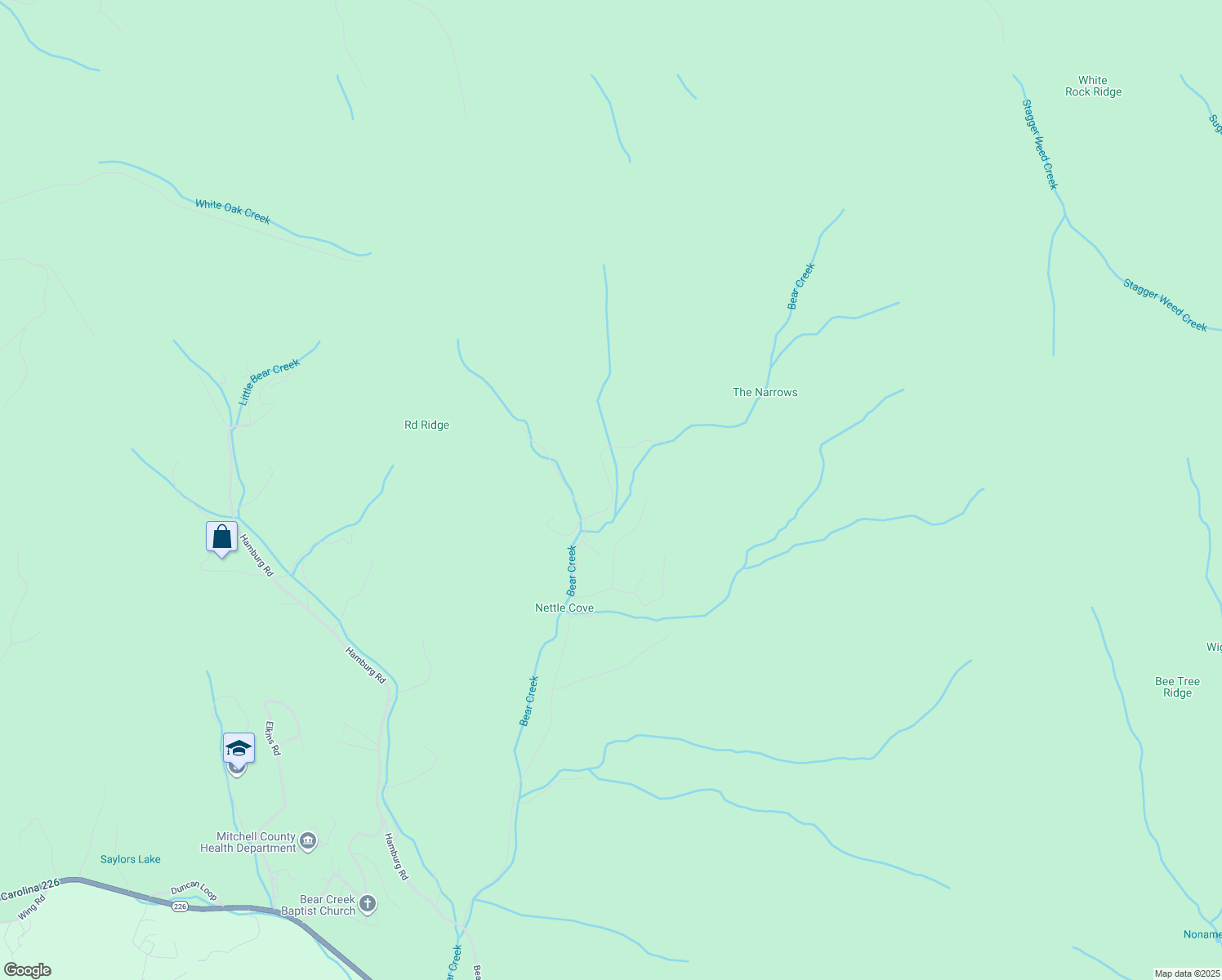 map of restaurants, bars, coffee shops, grocery stores, and more near 1871 Bear Creek Road in Bakersville