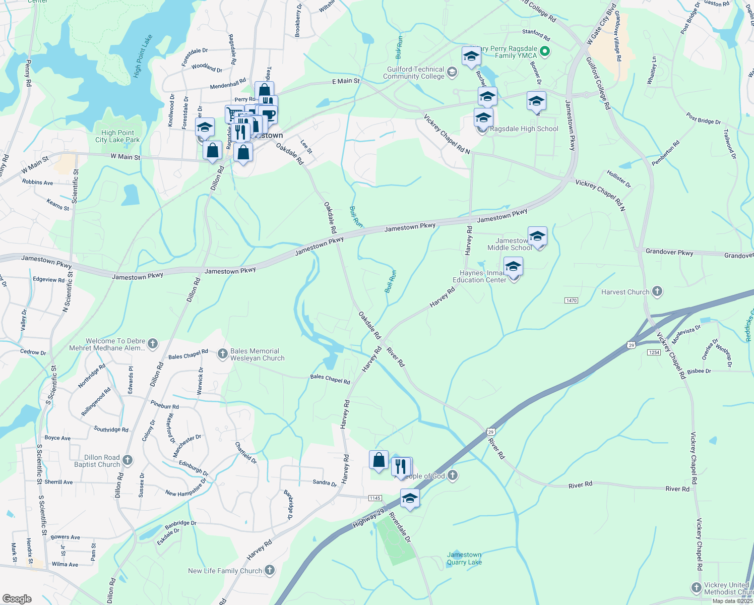 map of restaurants, bars, coffee shops, grocery stores, and more near 202 Jamestown Oaks Drive in Jamestown