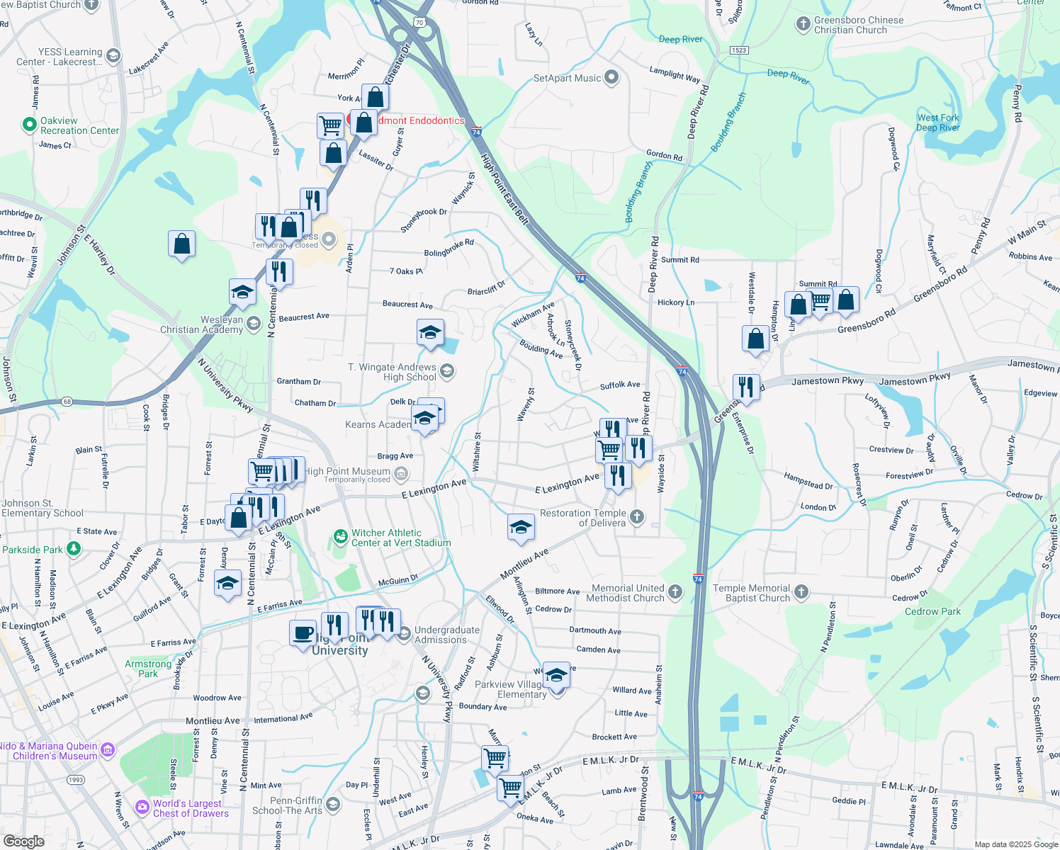 map of restaurants, bars, coffee shops, grocery stores, and more near 1602 Waverly Street in High Point