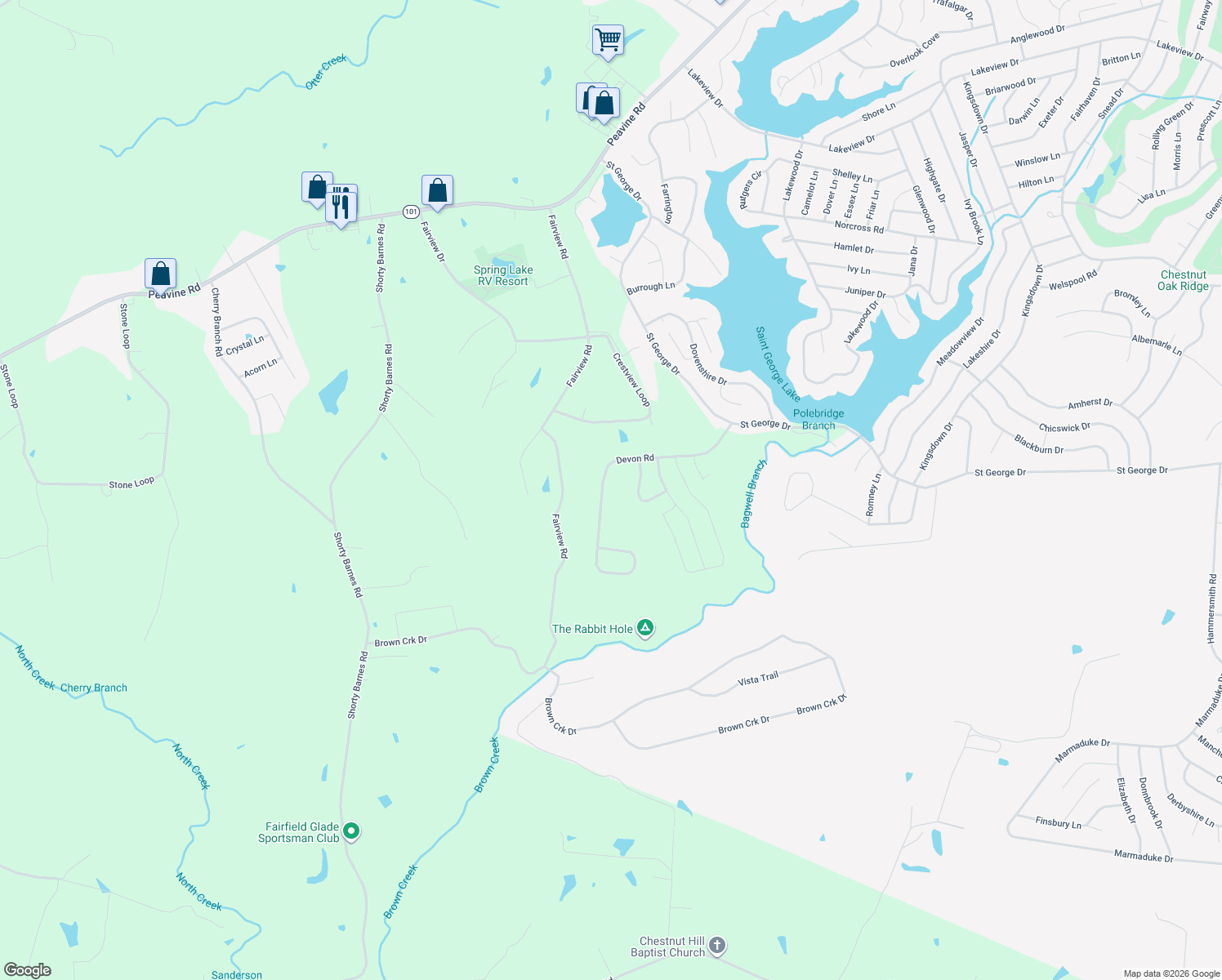 map of restaurants, bars, coffee shops, grocery stores, and more near 165 Devon Road in Crossville