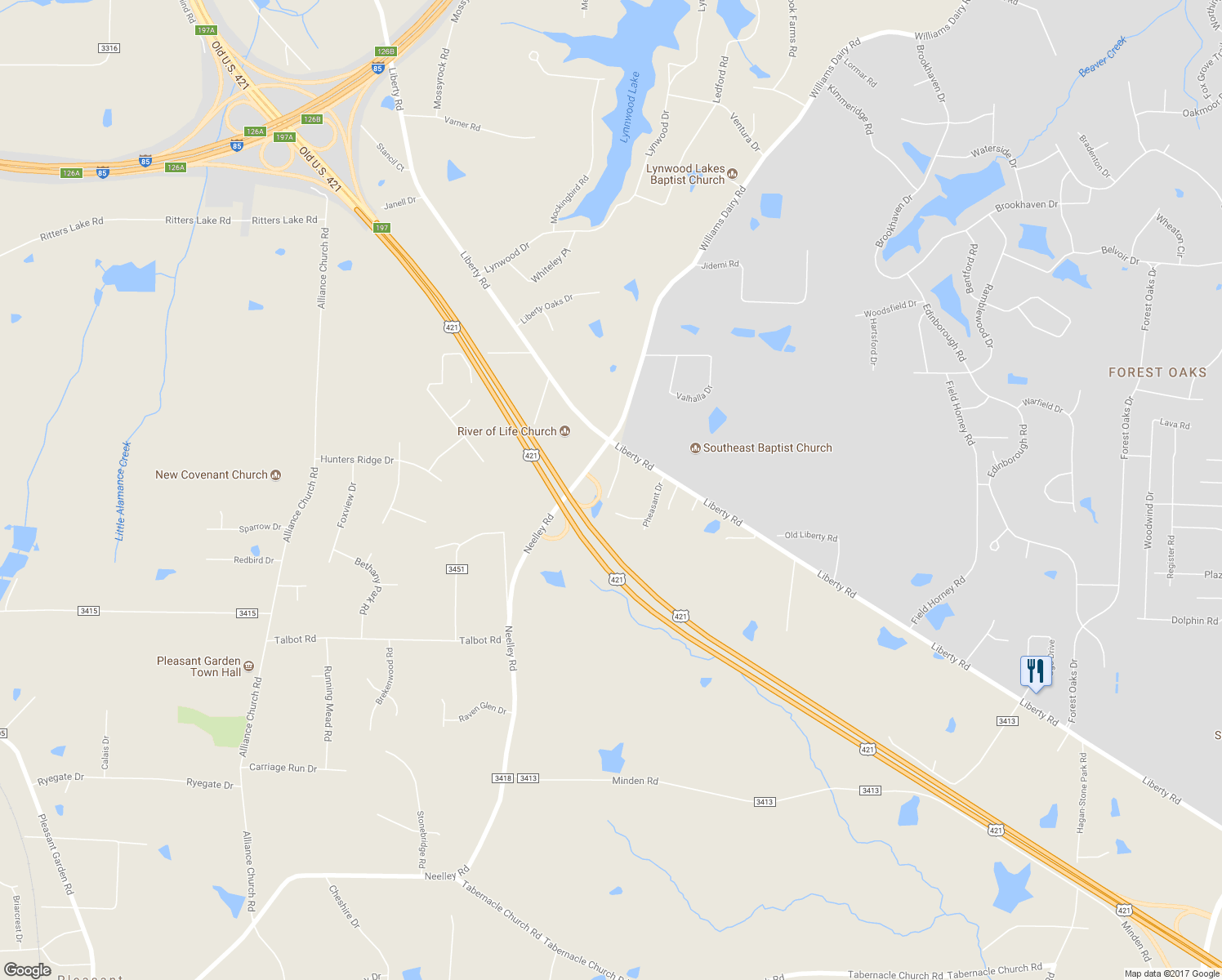 map of restaurants, bars, coffee shops, grocery stores, and more near 4811 Woodcock Drive in Greensboro