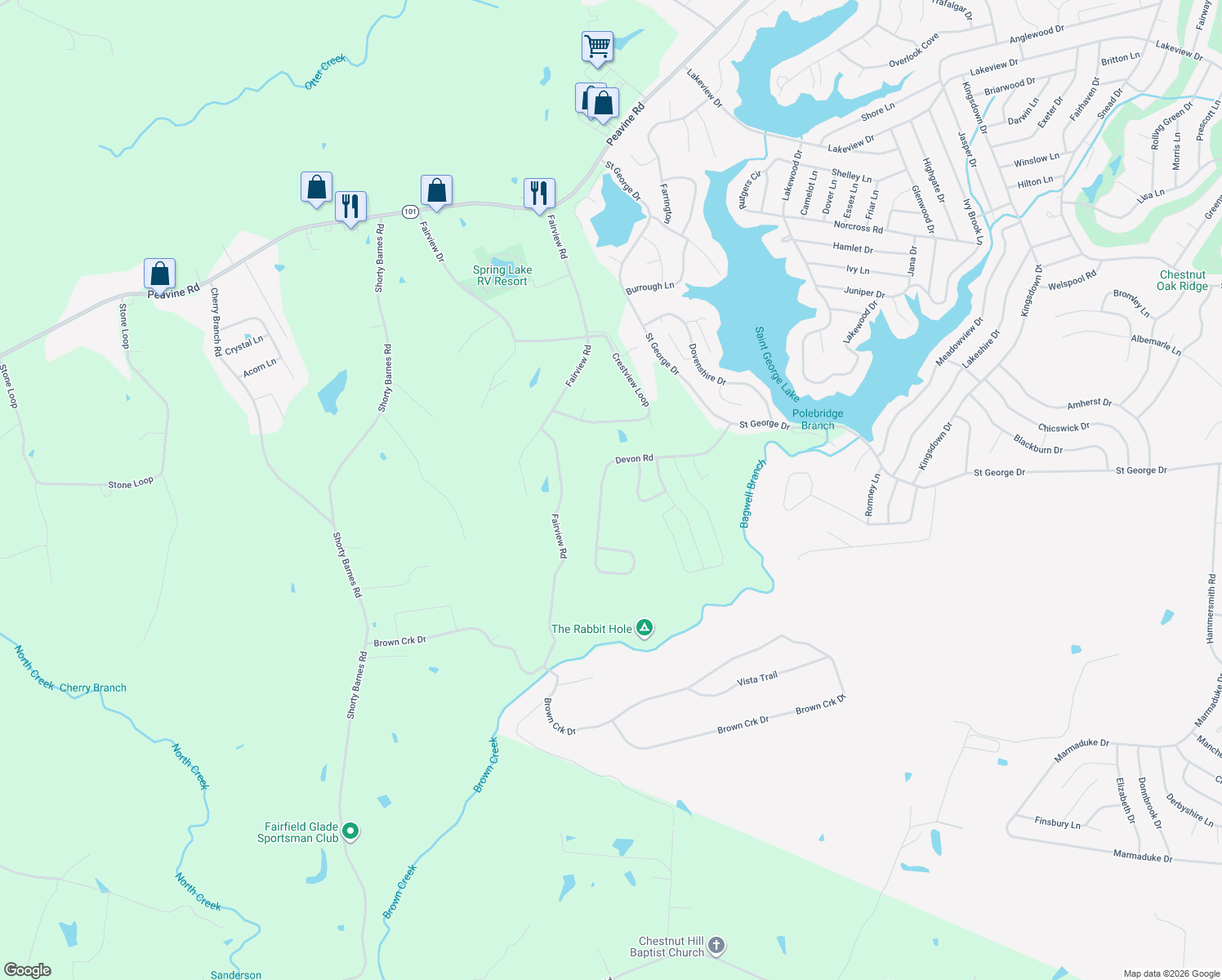 map of restaurants, bars, coffee shops, grocery stores, and more near 165 Devon Road in Crossville