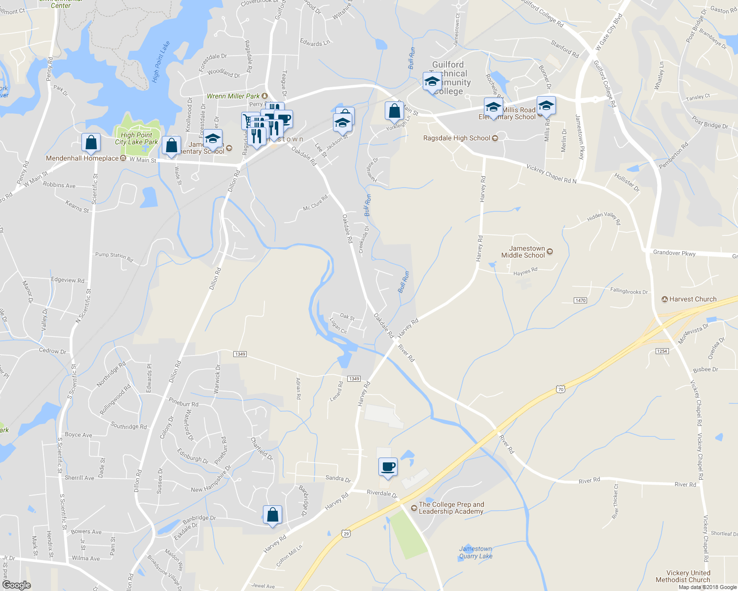 map of restaurants, bars, coffee shops, grocery stores, and more near 547 Oakdale Road in Jamestown