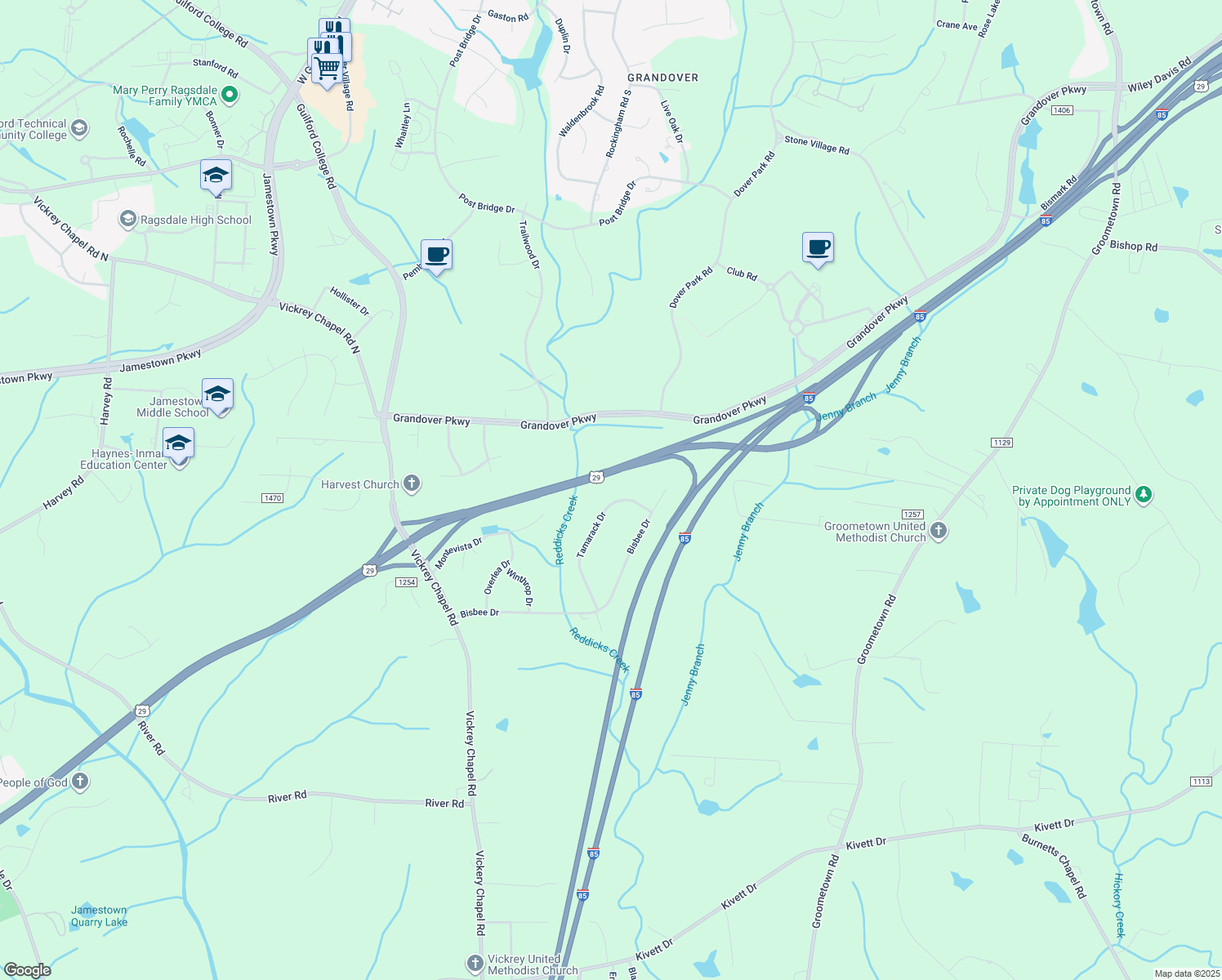 map of restaurants, bars, coffee shops, grocery stores, and more near 5010 Tamarack Drive in Greensboro