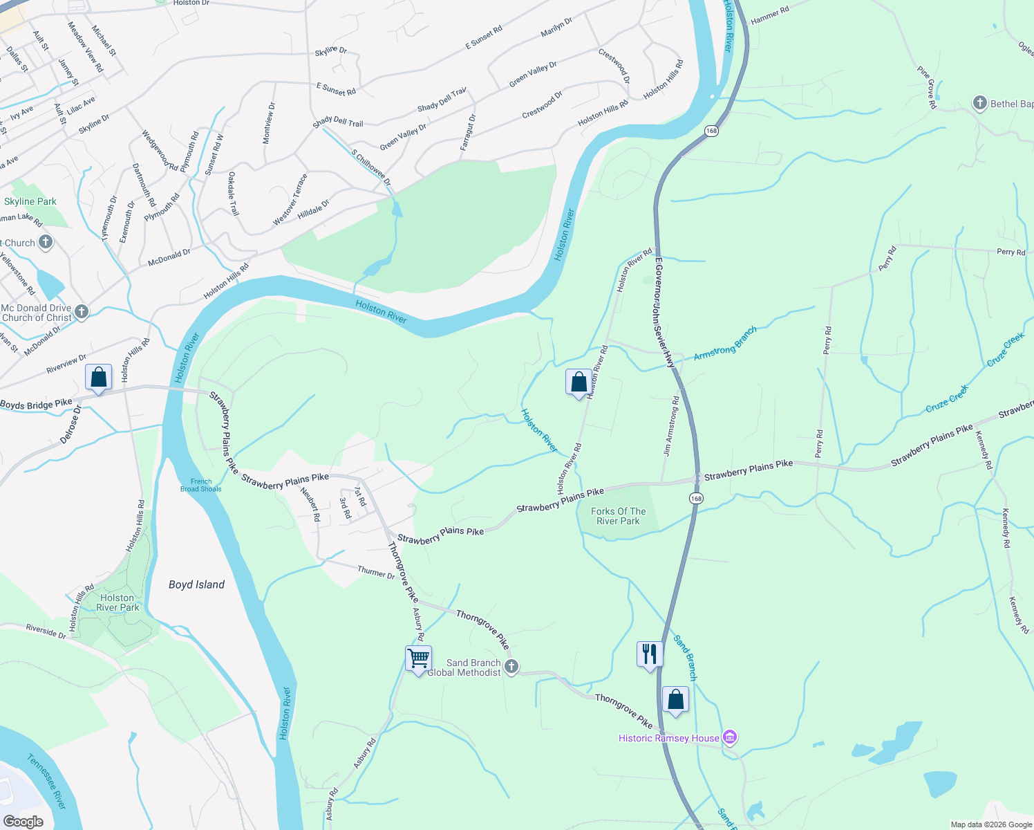 map of restaurants, bars, coffee shops, grocery stores, and more near 5134 Avis Ln in Knoxville