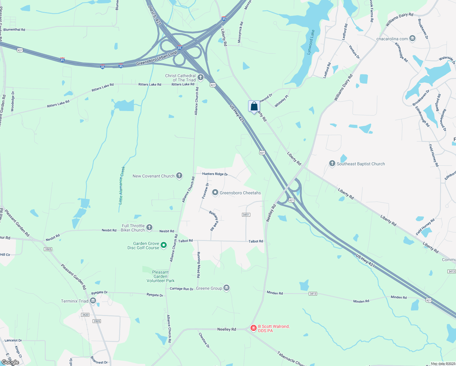 map of restaurants, bars, coffee shops, grocery stores, and more near 5103 Huntingwood Drive in Pleasant Garden
