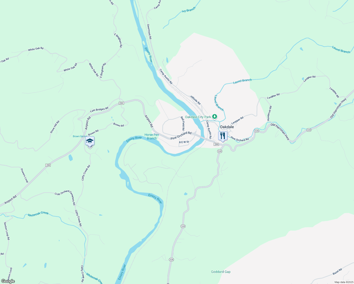 map of restaurants, bars, coffee shops, grocery stores, and more near 203 Oak St in Oakdale