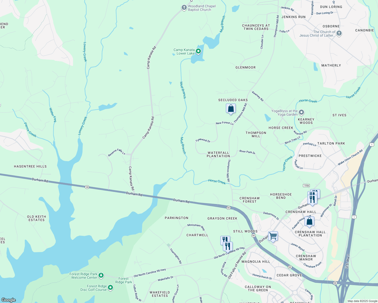 map of restaurants, bars, coffee shops, grocery stores, and more near 7501 Tynewind Drive in Wake Forest
