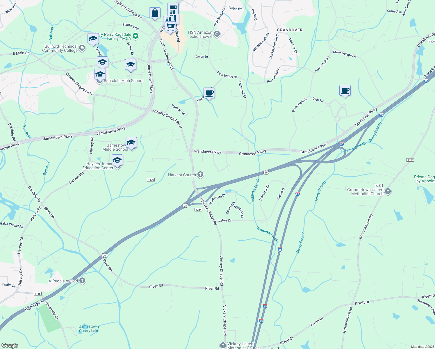 map of restaurants, bars, coffee shops, grocery stores, and more near 5301 Tarkington Dr in Greensboro