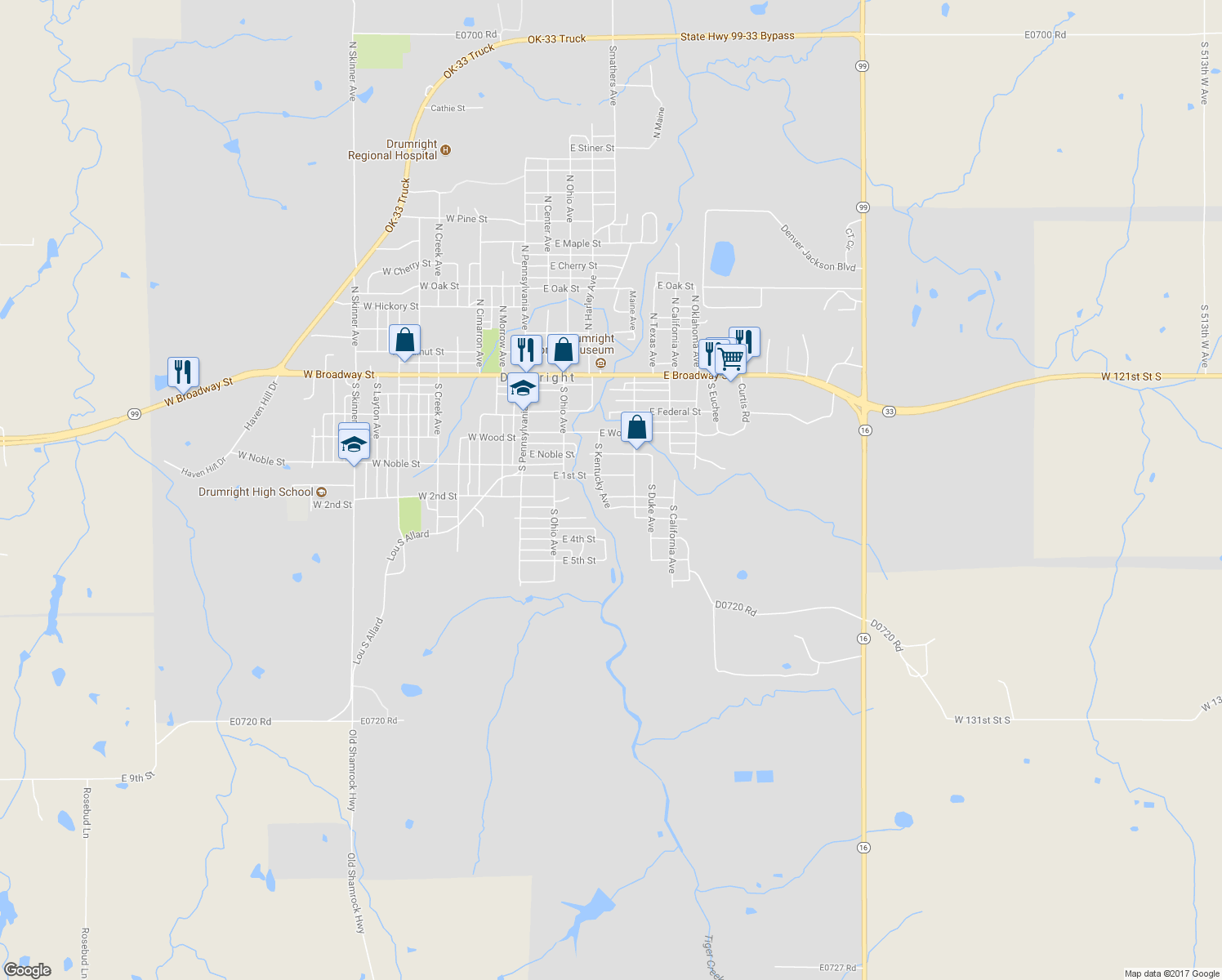 map of restaurants, bars, coffee shops, grocery stores, and more near 301 E 2nd St in Drumright
