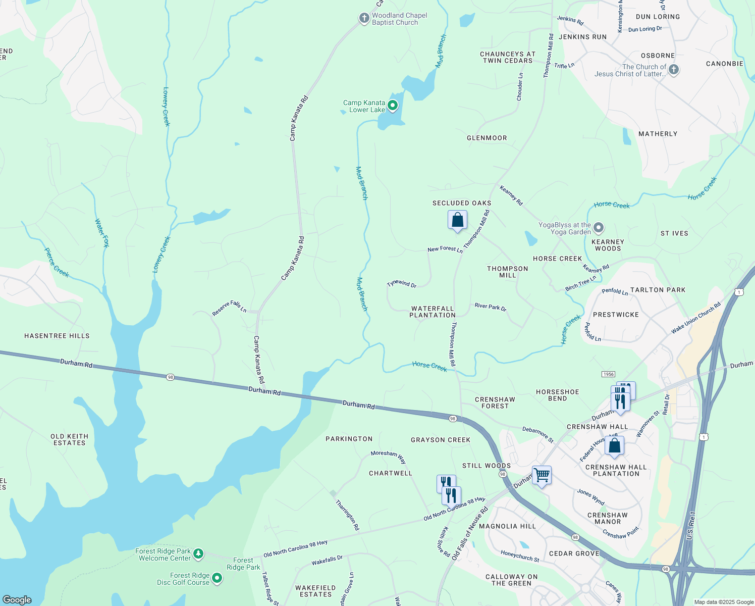 map of restaurants, bars, coffee shops, grocery stores, and more near 7501 Tynewind Drive in Wake Forest