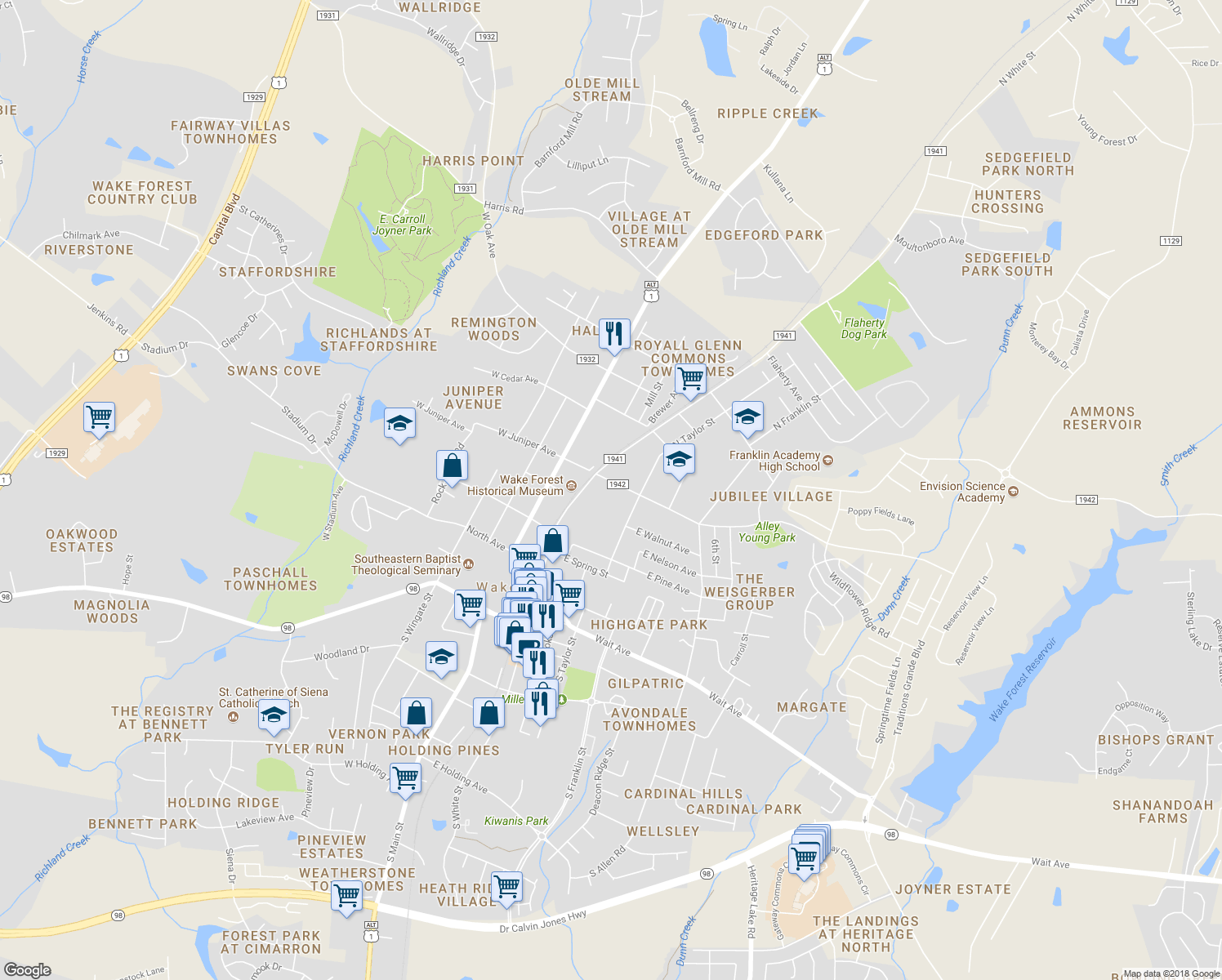 map of restaurants, bars, coffee shops, grocery stores, and more near 308 E Juniper Ave in Wake Forest