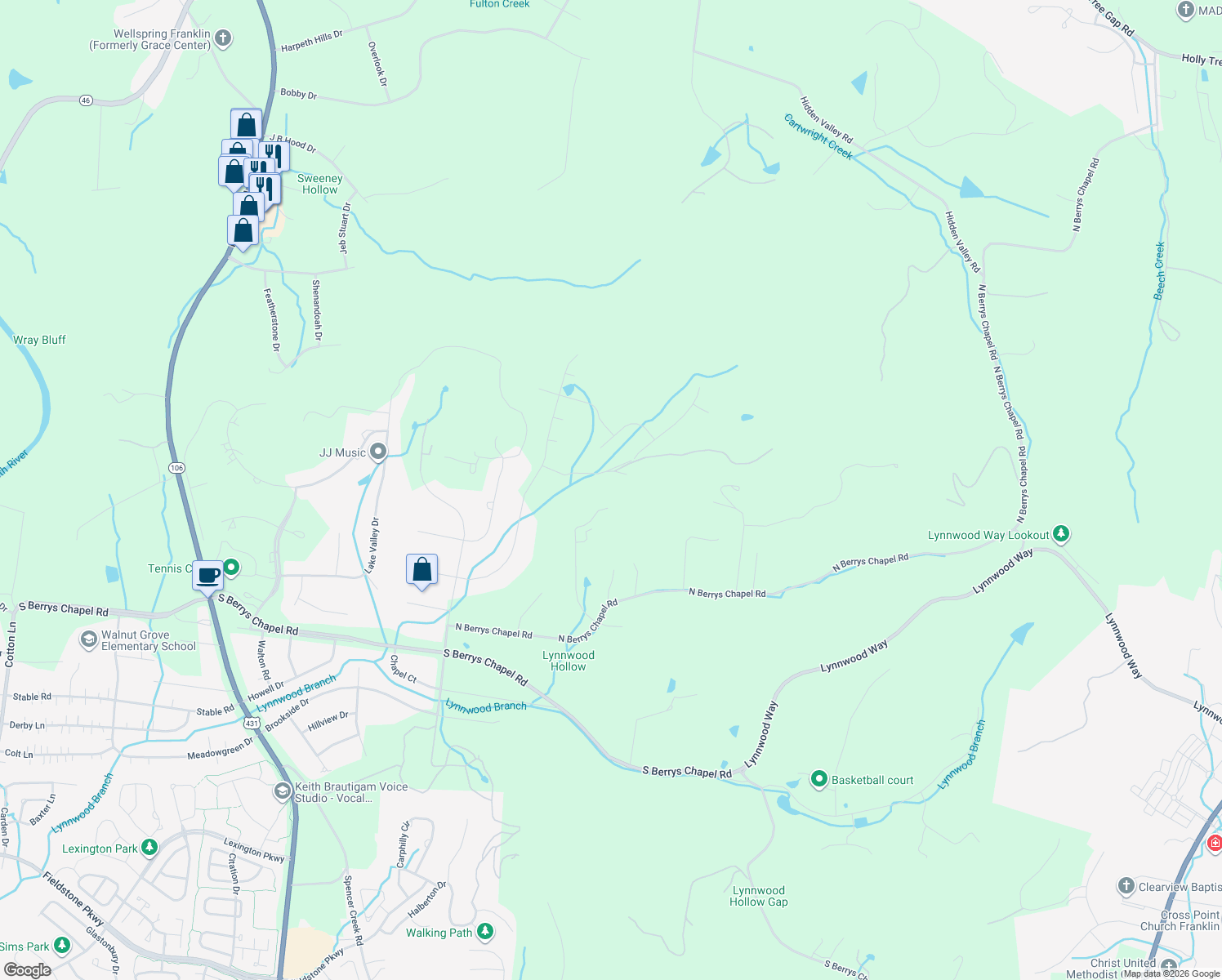 map of restaurants, bars, coffee shops, grocery stores, and more near 228 Chapelwood Drive in Franklin