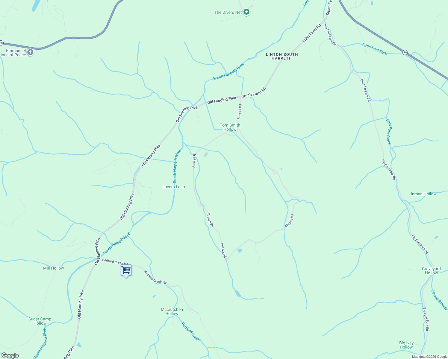 map of restaurants, bars, coffee shops, grocery stores, and more near Russell Road in Franklin