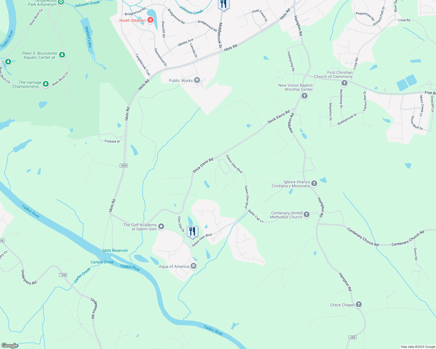 map of restaurants, bars, coffee shops, grocery stores, and more near 5045 Woodmont Ridge Court in Clemmons