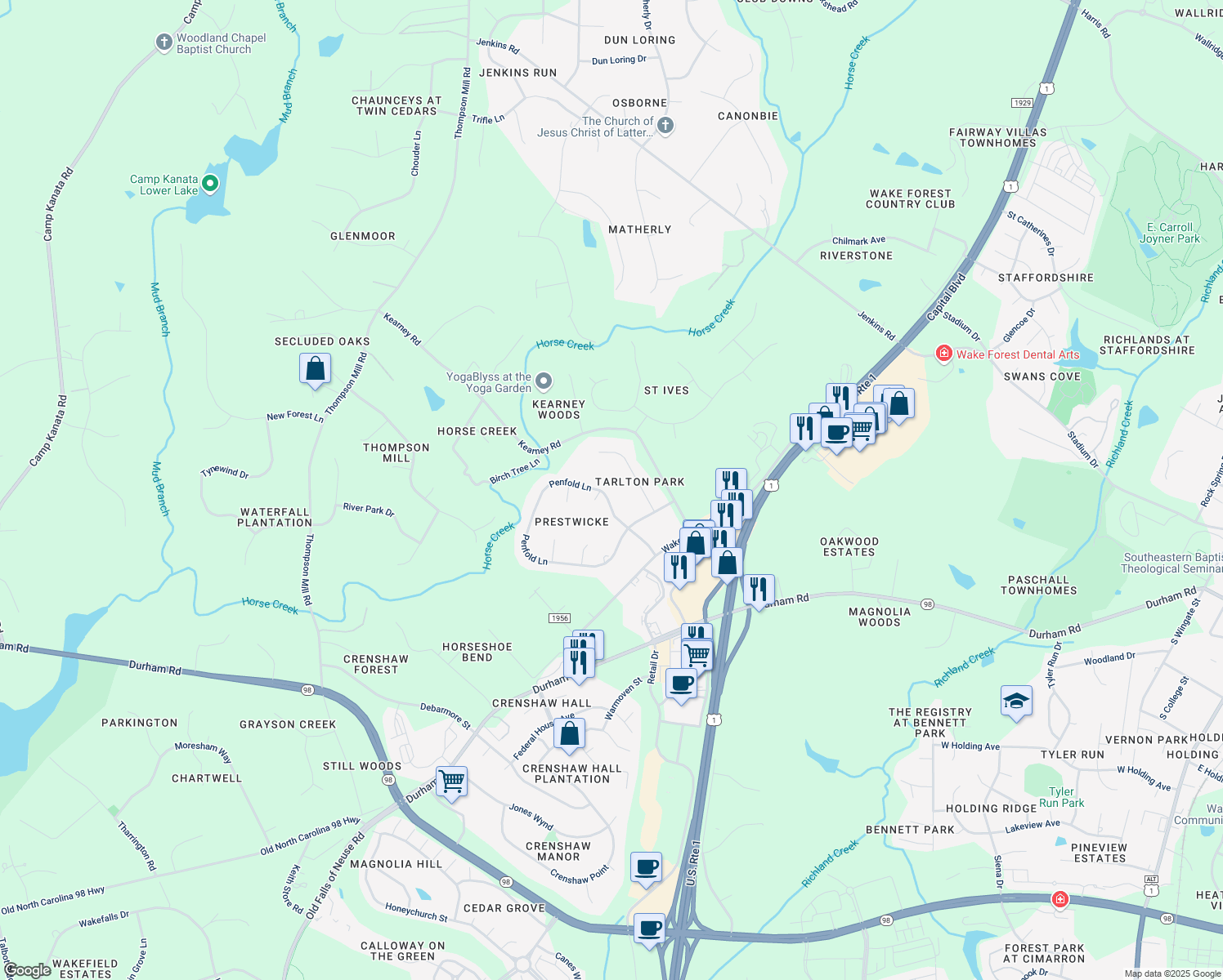 map of restaurants, bars, coffee shops, grocery stores, and more near 2905 Penfold Lane in Wake Forest
