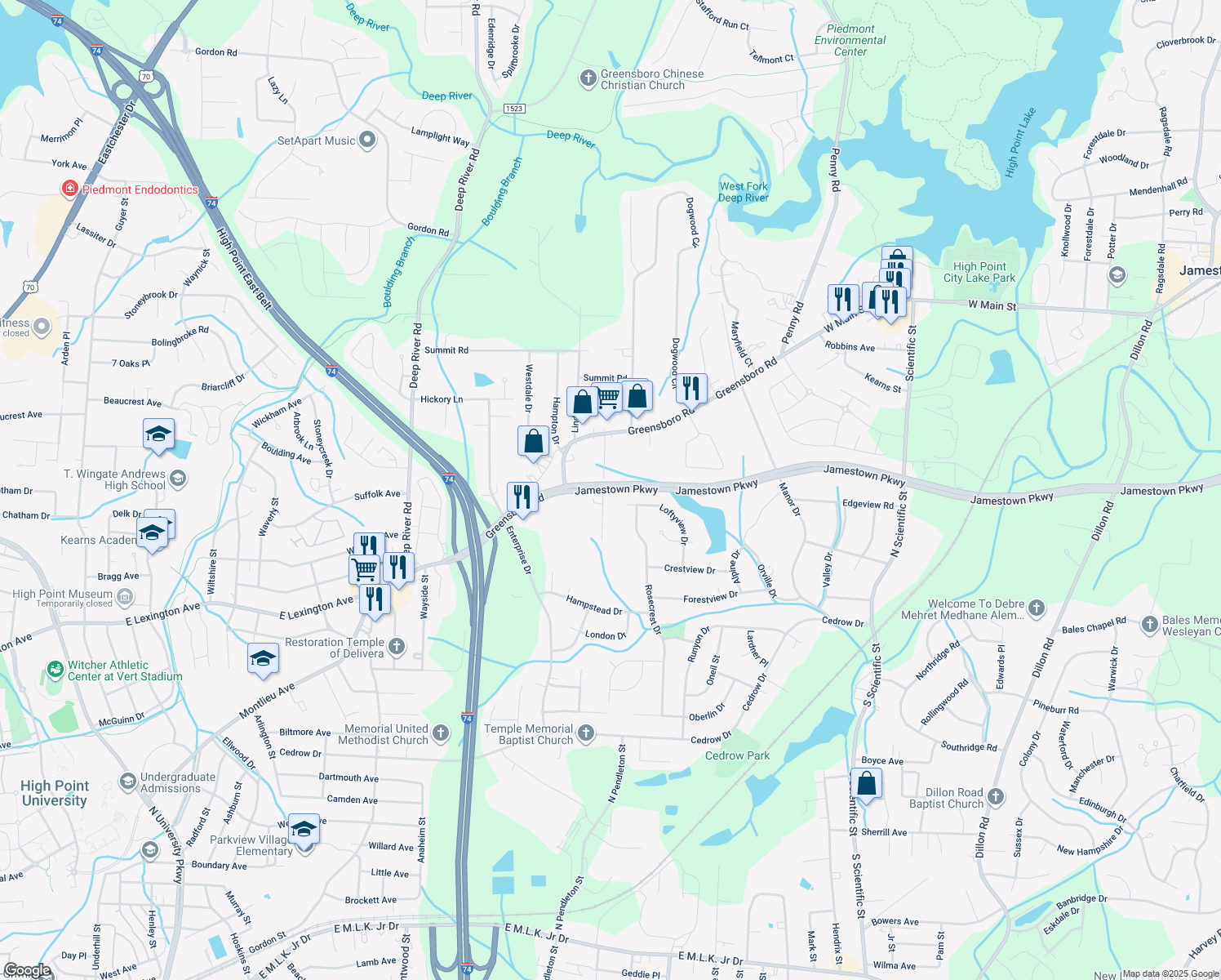 map of restaurants, bars, coffee shops, grocery stores, and more near 1344 Ring Street in High Point