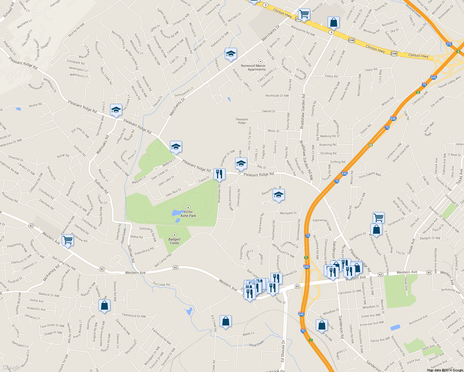 map of restaurants, bars, coffee shops, grocery stores, and more near 5010 Bayberry Drive Northwest in Knoxville