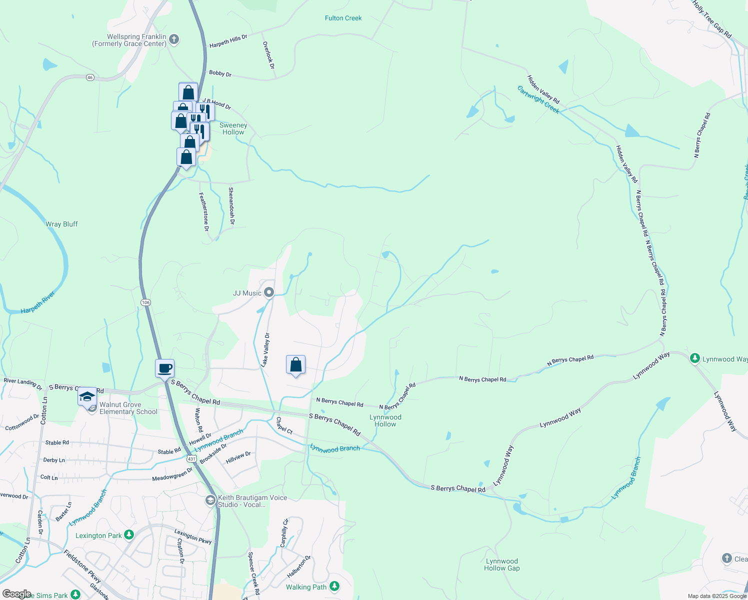 map of restaurants, bars, coffee shops, grocery stores, and more near 2152 Hartland Road in Franklin