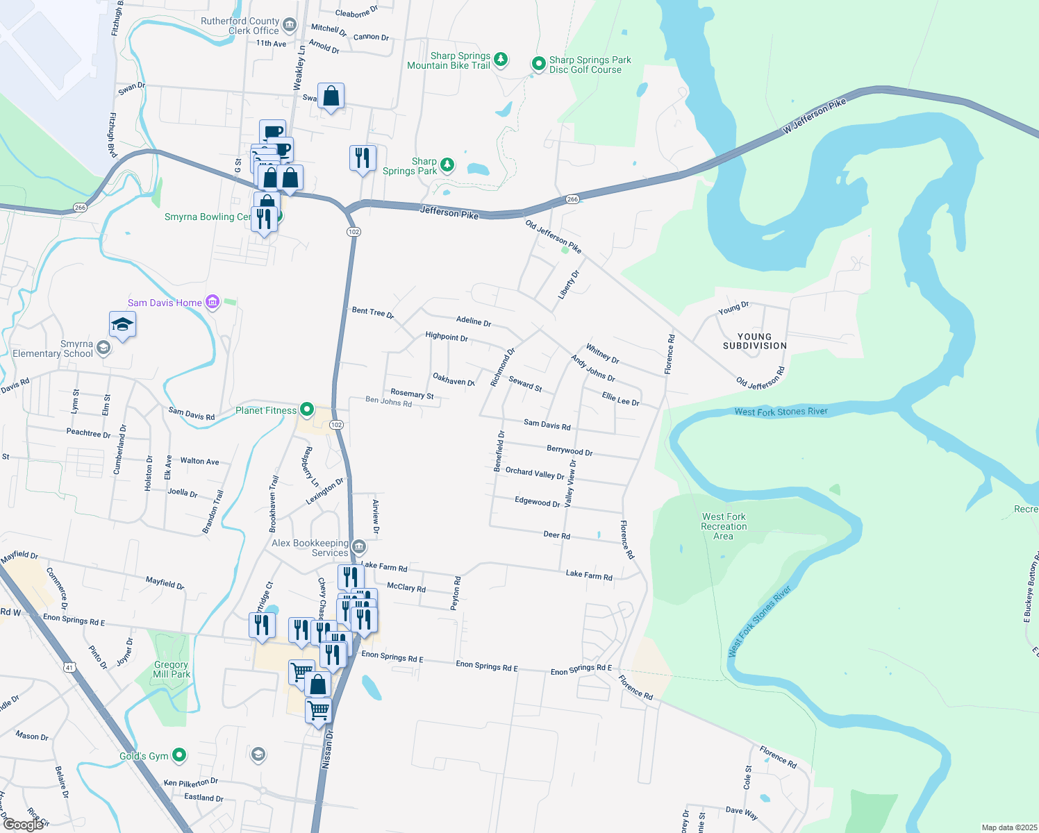 map of restaurants, bars, coffee shops, grocery stores, and more near 4005 Sam Davis Rd in Smyrna
