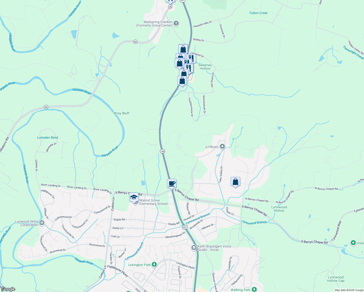 map of restaurants, bars, coffee shops, grocery stores, and more near 664 Legends Crest Drive in Franklin