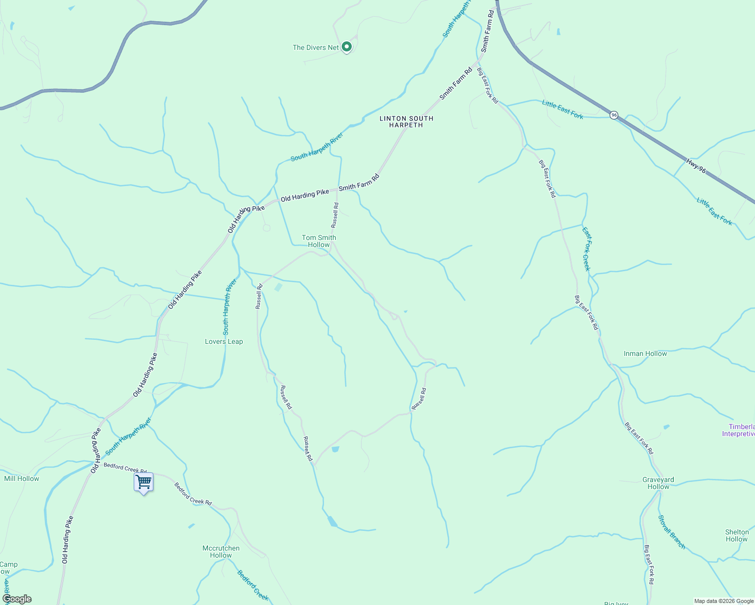 map of restaurants, bars, coffee shops, grocery stores, and more near Russell Road in Franklin