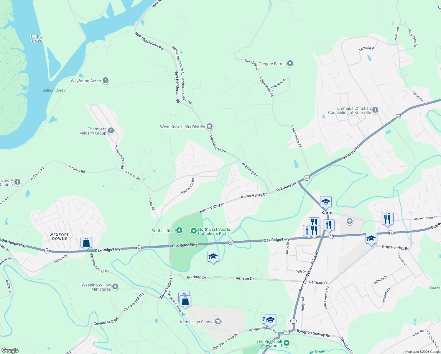 map of restaurants, bars, coffee shops, grocery stores, and more near 9100 Old Cobbs Ferry Road in Knoxville