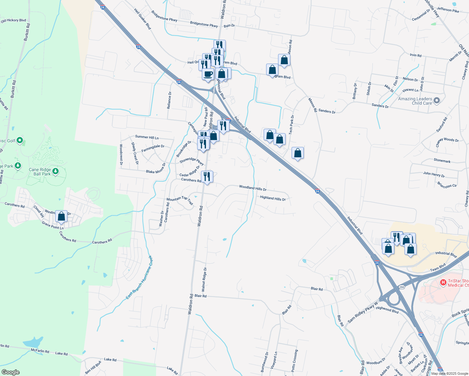 map of restaurants, bars, coffee shops, grocery stores, and more near 536 Woodland Hills Drive in La Vergne