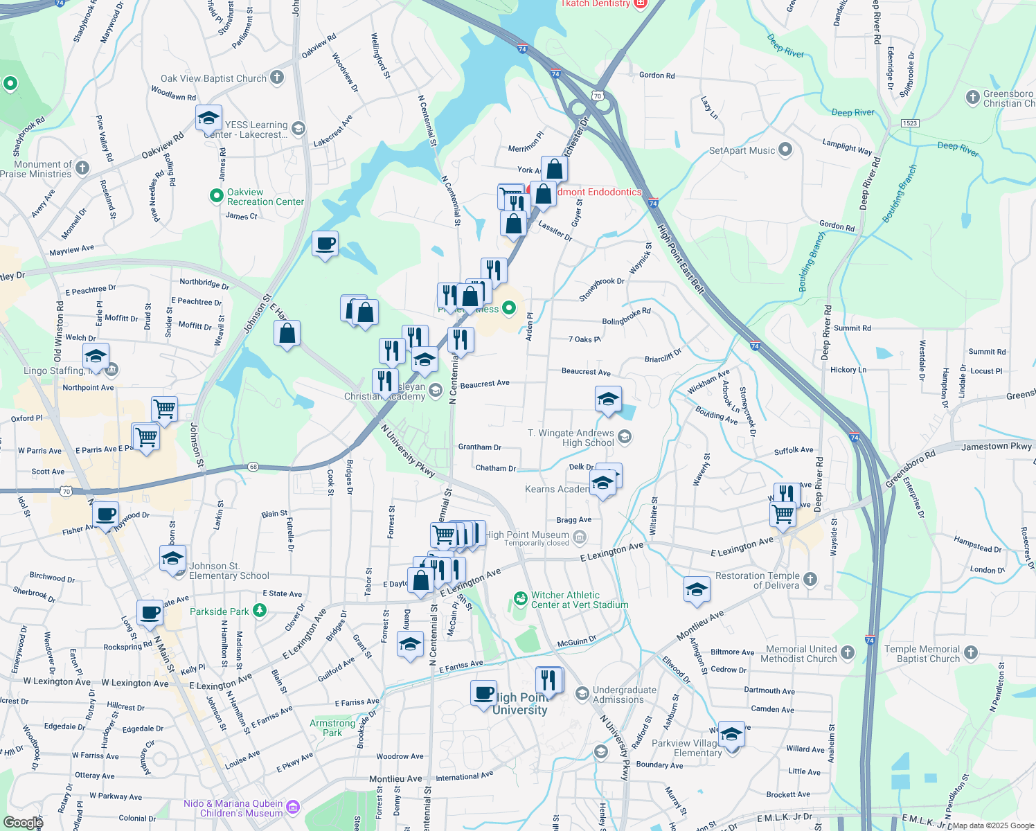 map of restaurants, bars, coffee shops, grocery stores, and more near 1803 Arden Pl in High Point