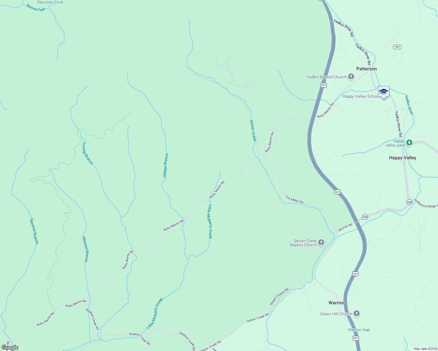 map of restaurants, bars, coffee shops, grocery stores, and more near 2354 Roby Martin Road in Lenoir
