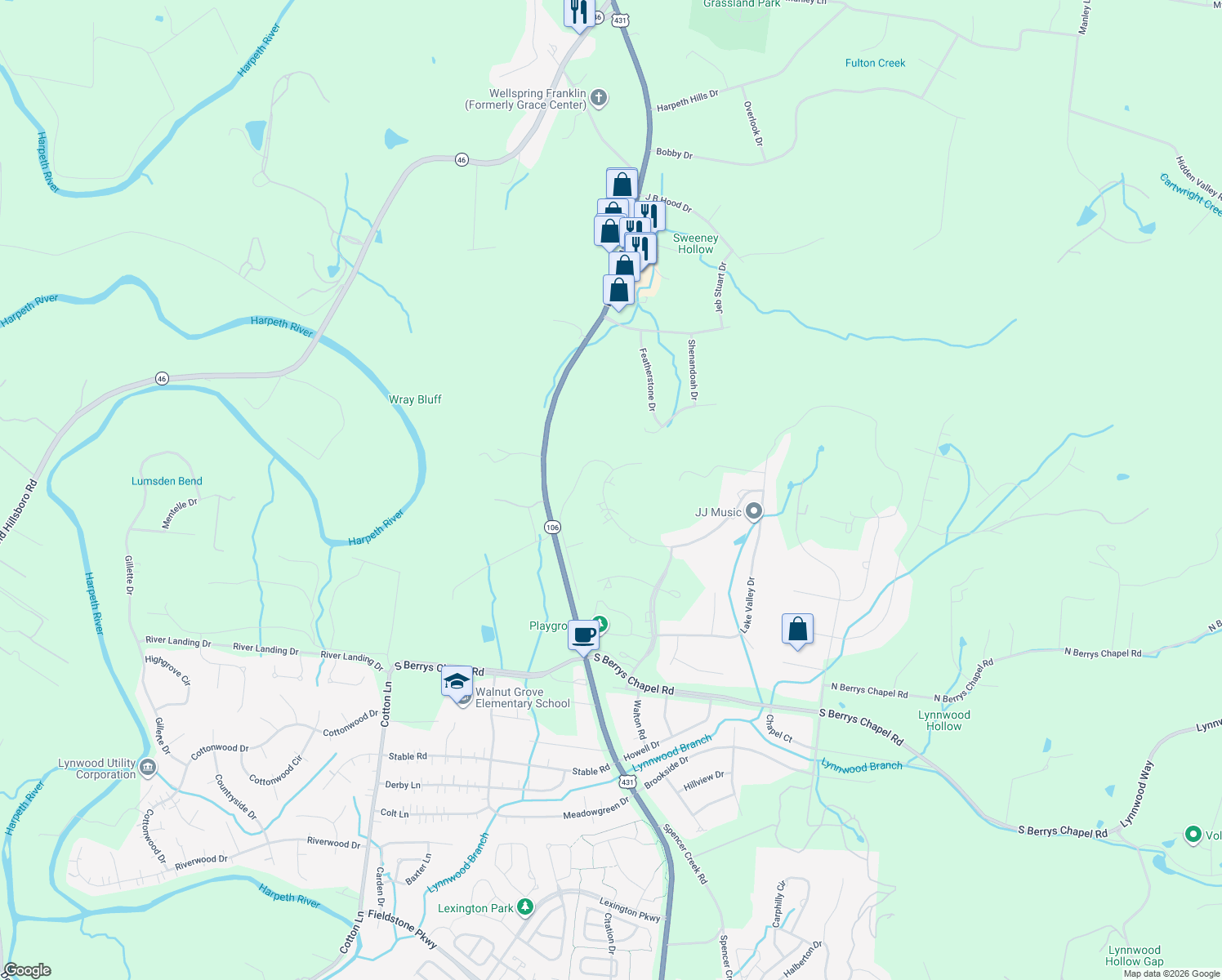 map of restaurants, bars, coffee shops, grocery stores, and more near 664 Legends Crest Drive in Franklin