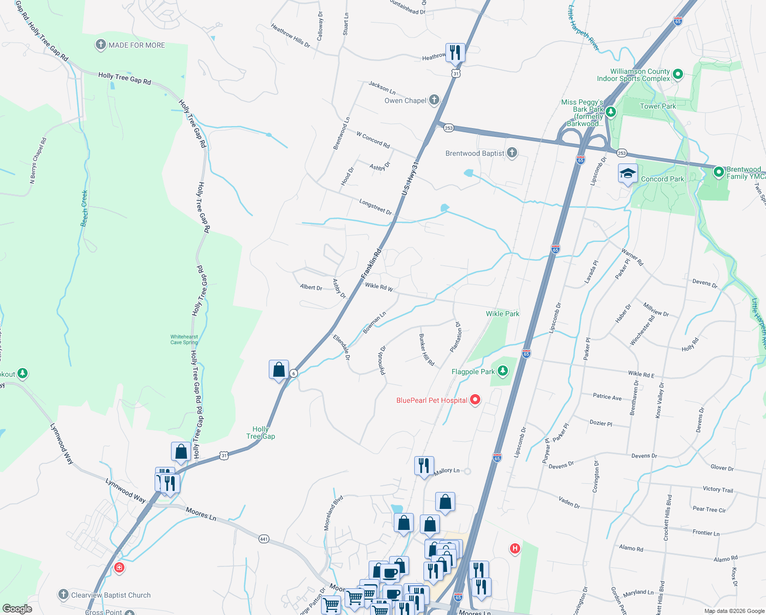 map of restaurants, bars, coffee shops, grocery stores, and more near 1407 Bowman Lane in Brentwood
