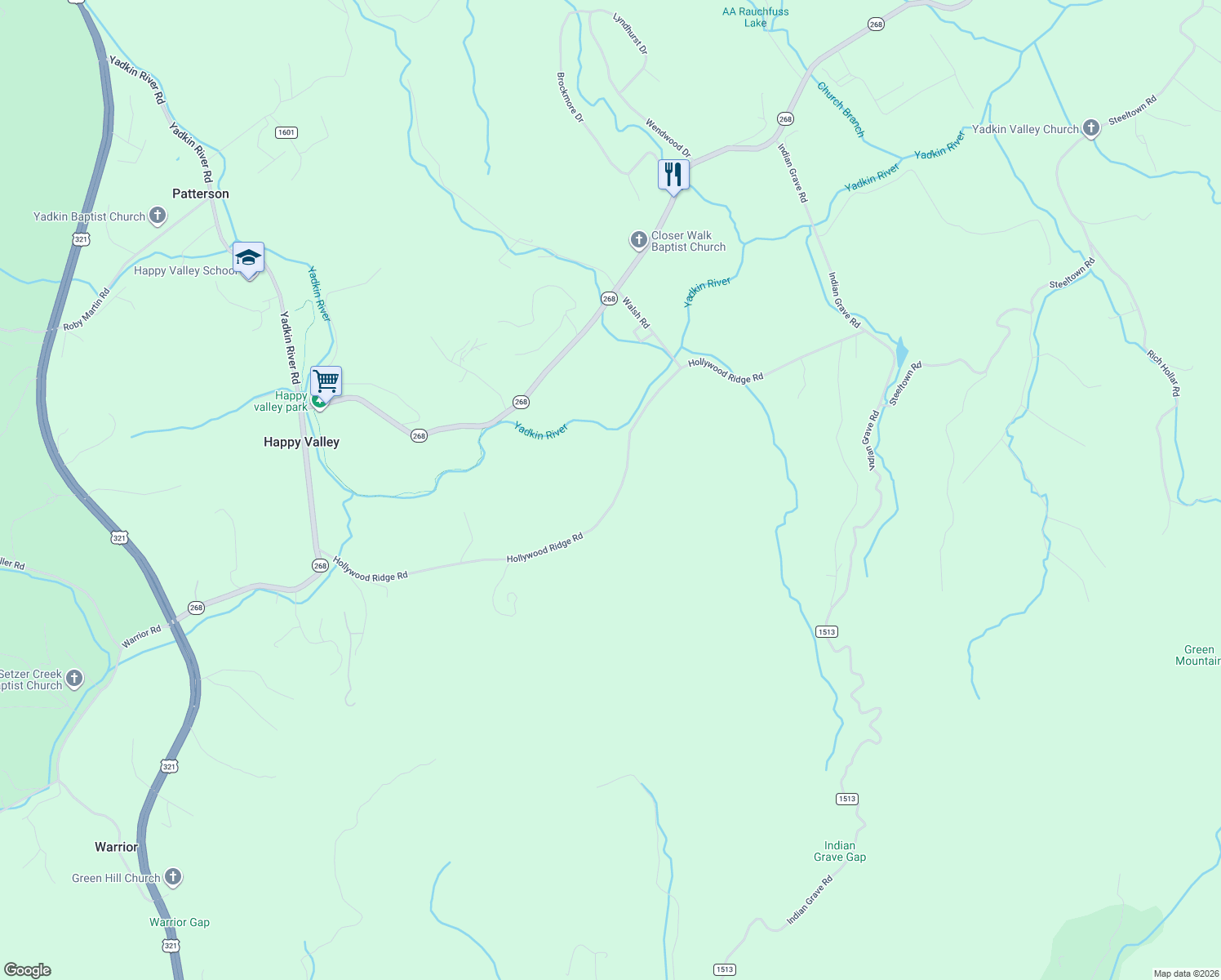 map of restaurants, bars, coffee shops, grocery stores, and more near 3762 Hollywood Ridge Road in Lenoir