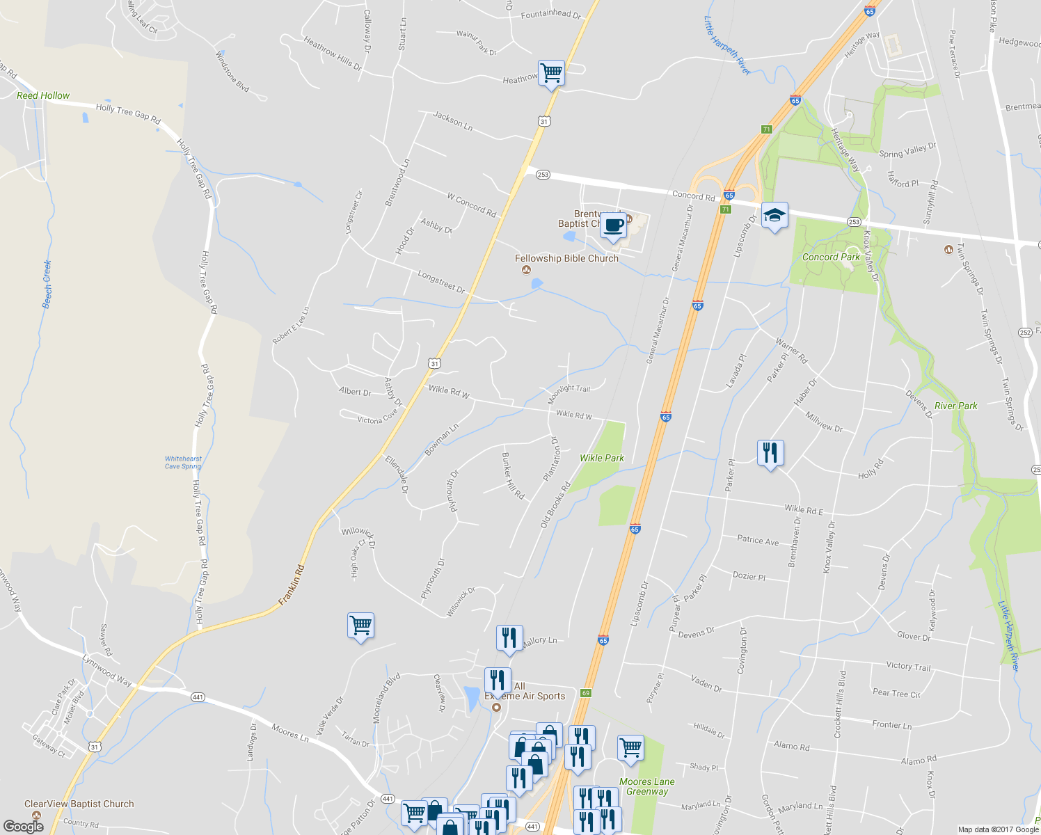 map of restaurants, bars, coffee shops, grocery stores, and more near 7021 Wikle Road West in Brentwood