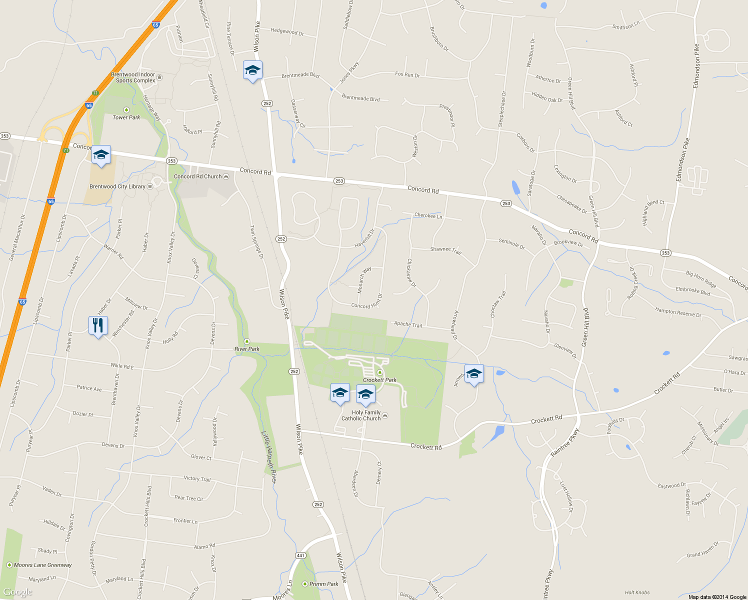 map of restaurants, bars, coffee shops, grocery stores, and more near 1226 Concord Hunt Dr in Brentwood