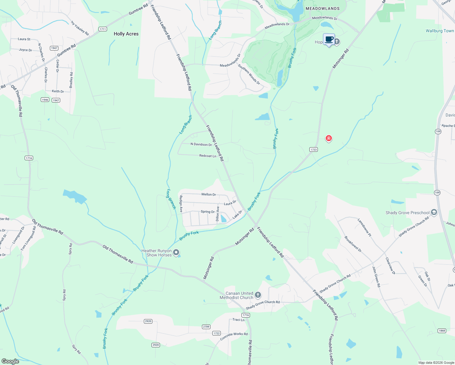 map of restaurants, bars, coffee shops, grocery stores, and more near 3857 Friendship Ledford Road in Winston-Salem