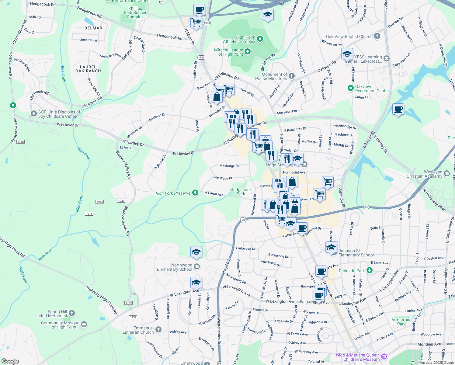 map of restaurants, bars, coffee shops, grocery stores, and more near 219 Pine Ridge Drive in High Point