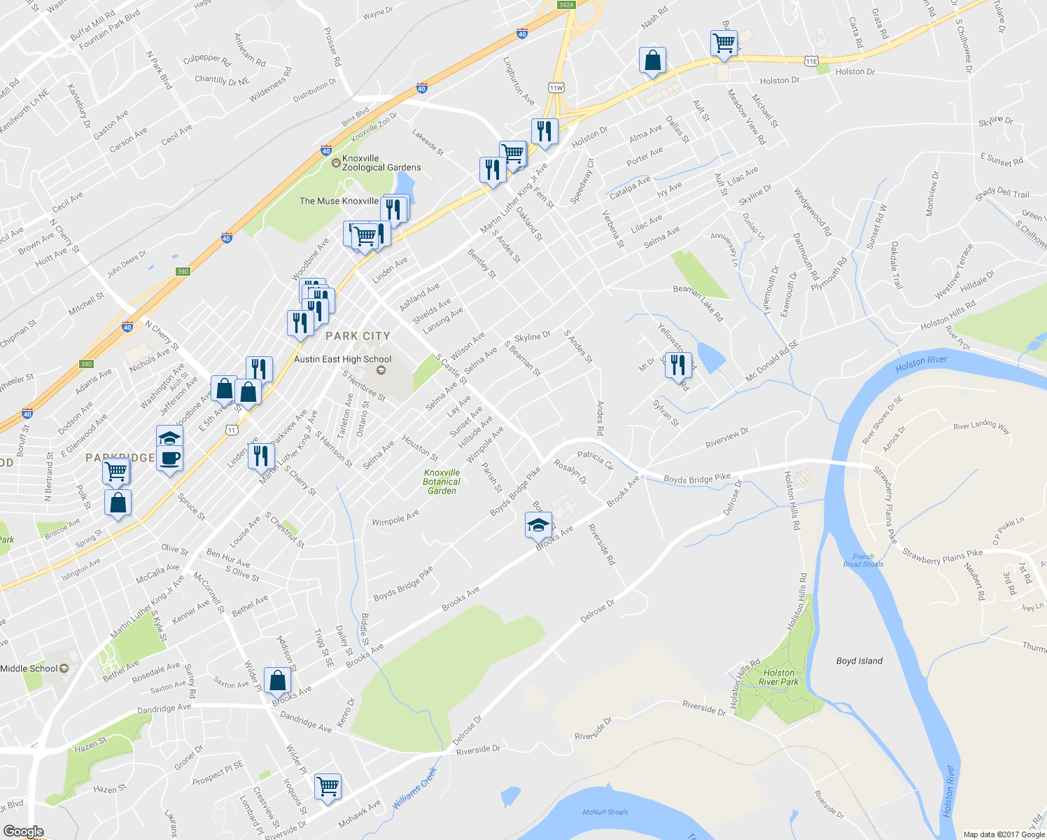 map of restaurants, bars, coffee shops, grocery stores, and more near 224 Pickering Street in Knoxville