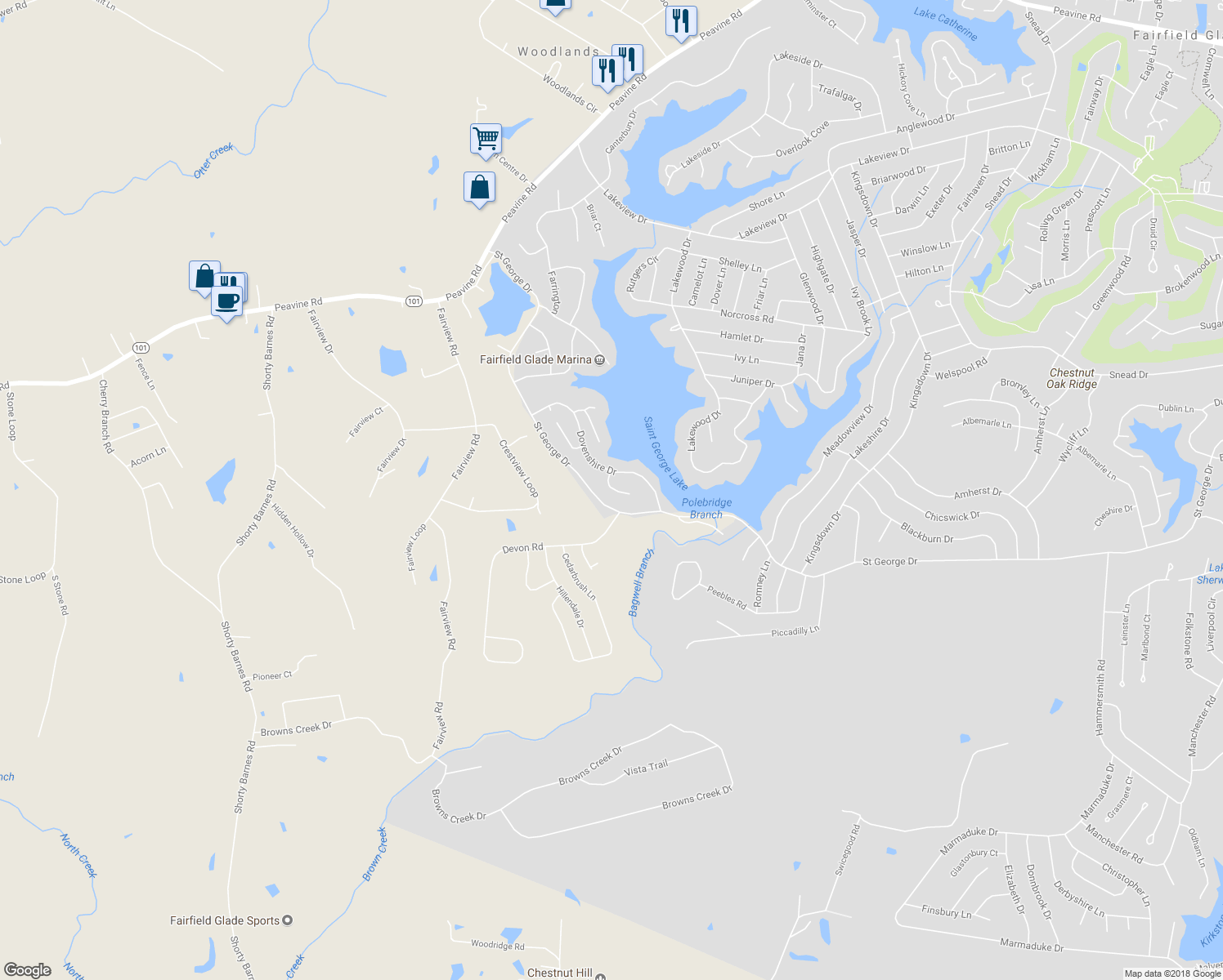 map of restaurants, bars, coffee shops, grocery stores, and more near 18 Black Oak Circle in Crossville