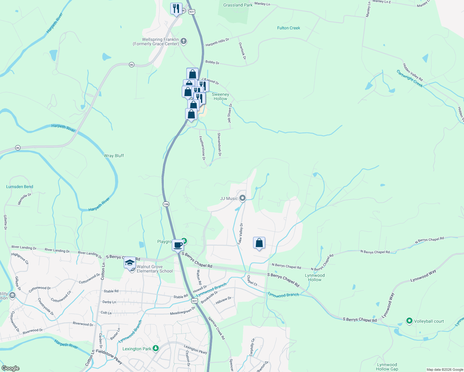 map of restaurants, bars, coffee shops, grocery stores, and more near 728 Legends Crest Drive in Franklin