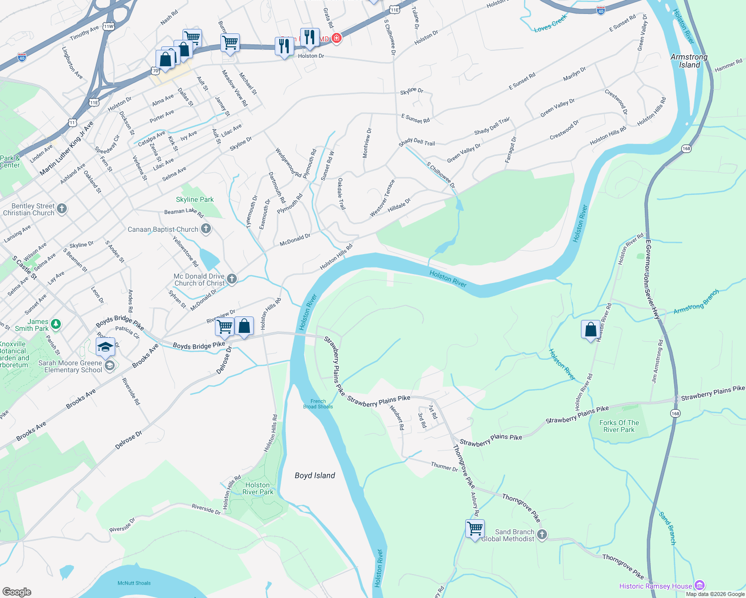 map of restaurants, bars, coffee shops, grocery stores, and more near 1800 Azrock Drive in Knoxville