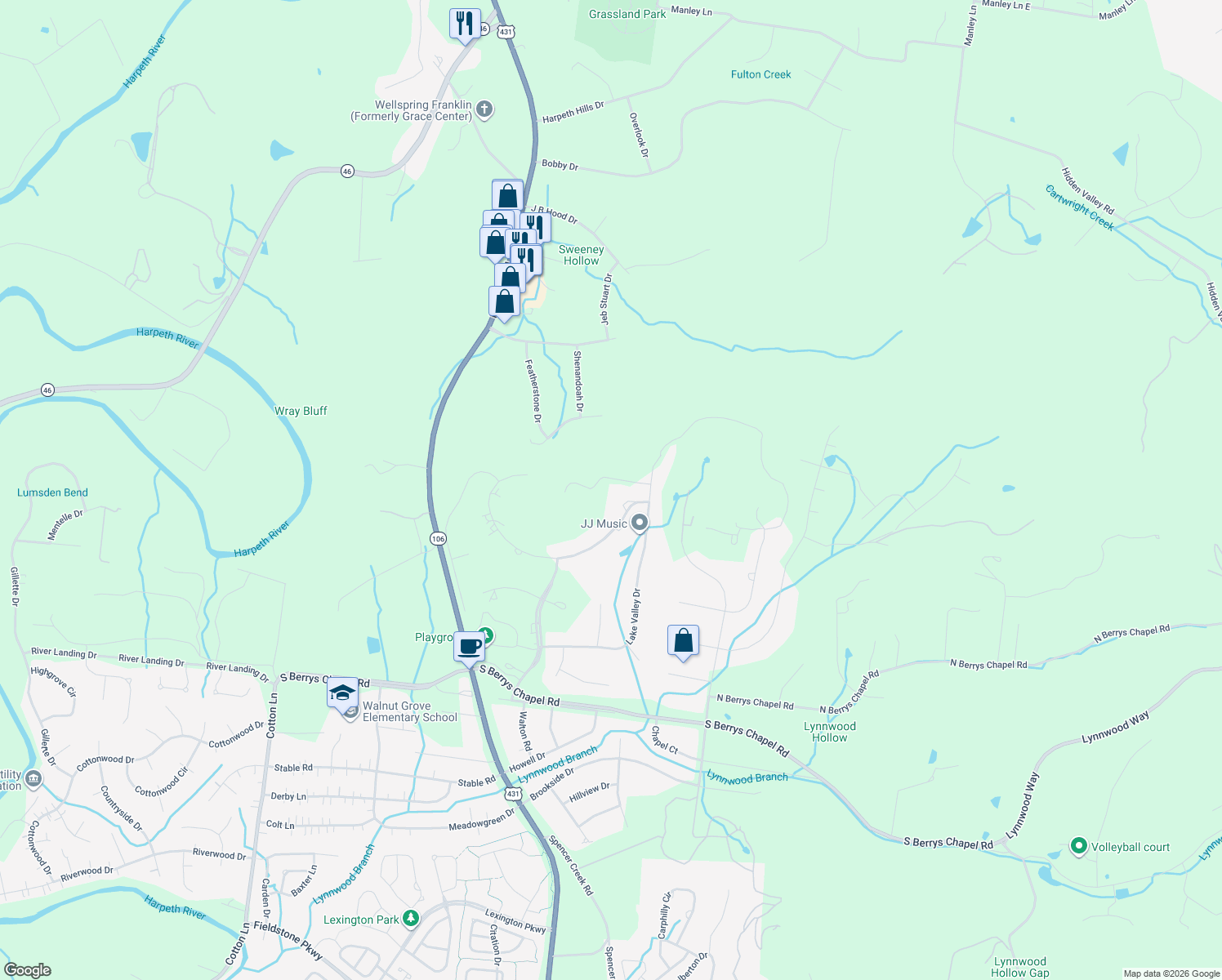 map of restaurants, bars, coffee shops, grocery stores, and more near 728 Legends Crest Drive in Franklin