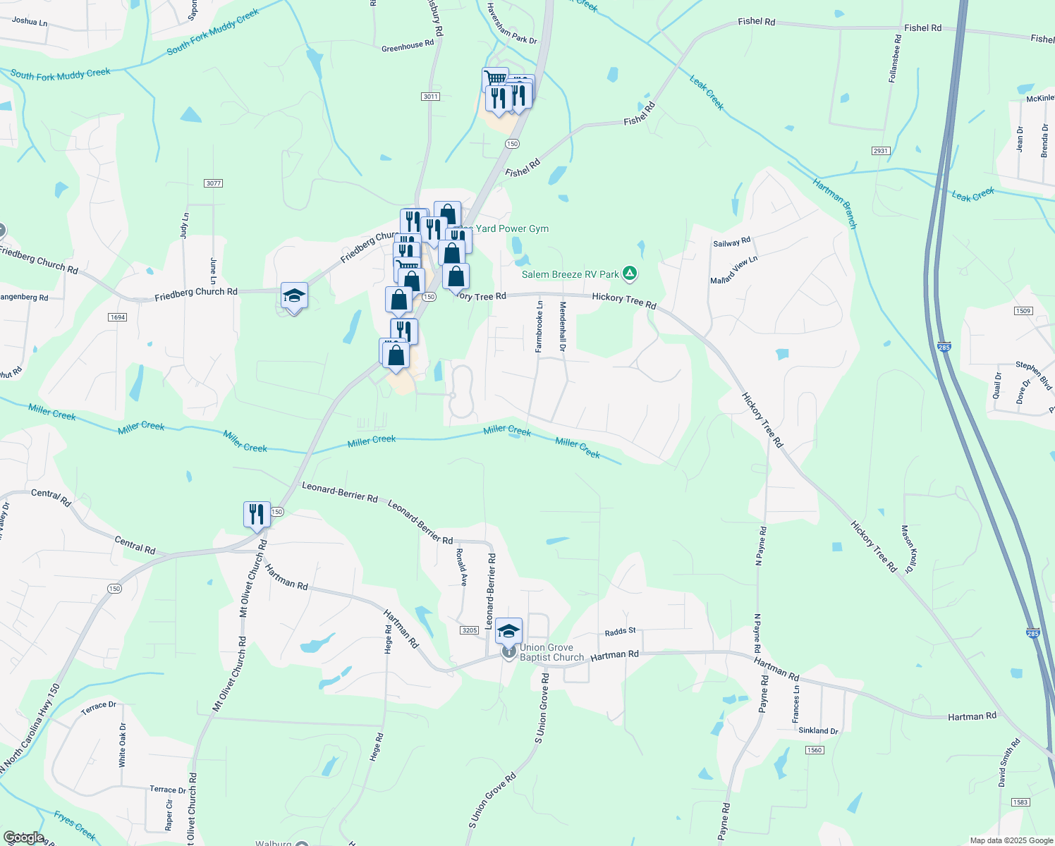 map of restaurants, bars, coffee shops, grocery stores, and more near 252 Widaustin Drive in Winston Salem