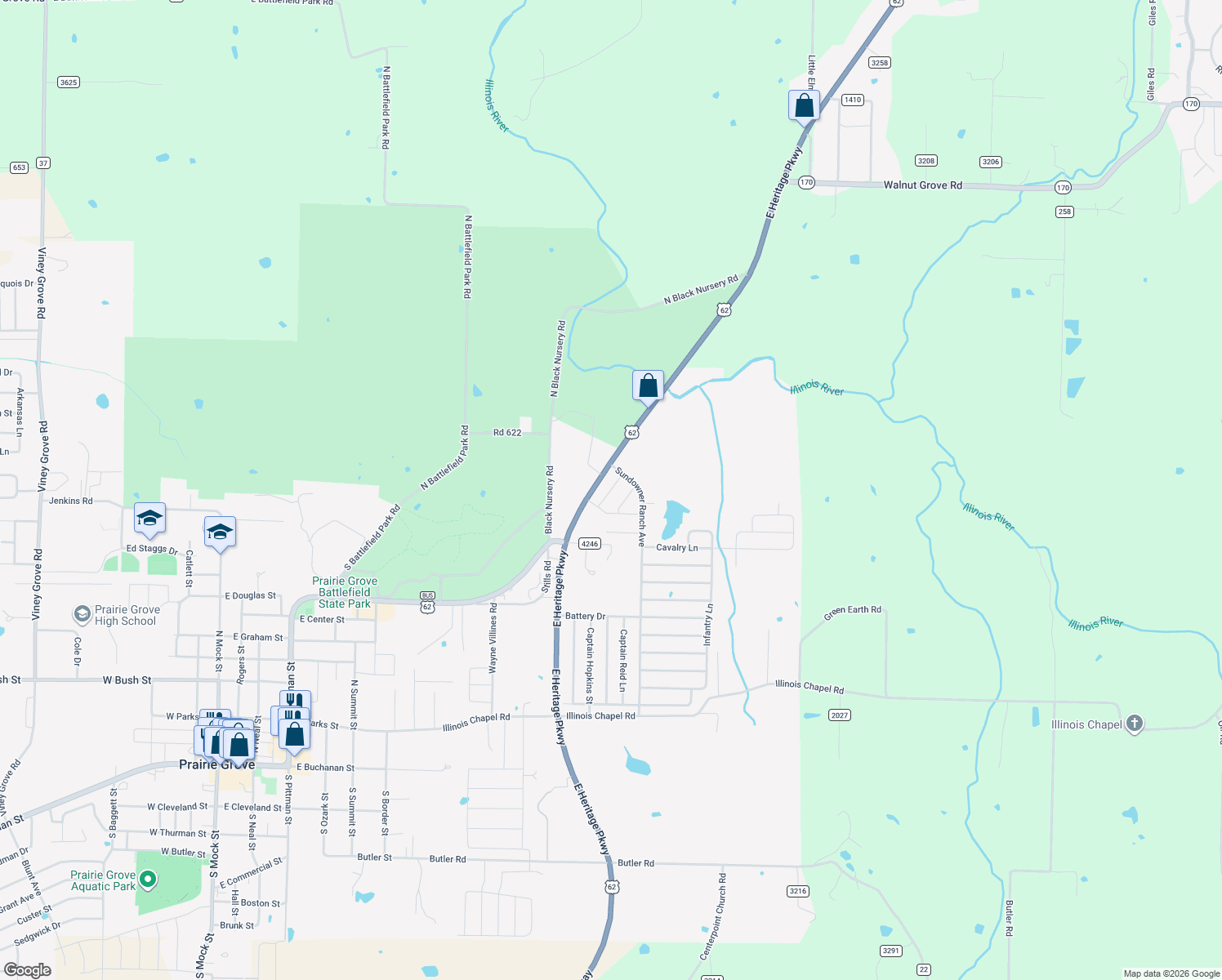 map of restaurants, bars, coffee shops, grocery stores, and more near Division Street in Prairie Grove