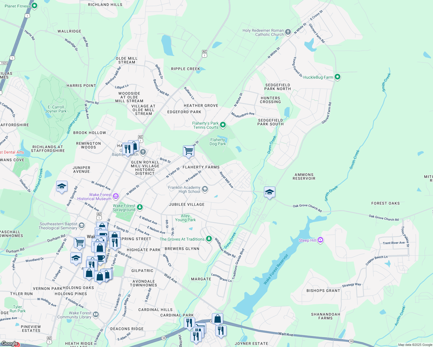 map of restaurants, bars, coffee shops, grocery stores, and more near 621 Rookwood Court in Wake Forest
