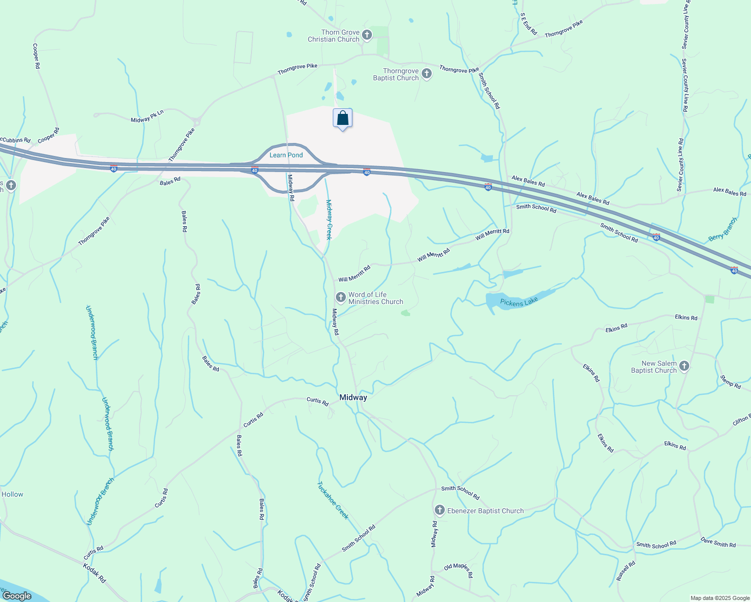 map of restaurants, bars, coffee shops, grocery stores, and more near 1522 Midway Road in Strawberry Plains