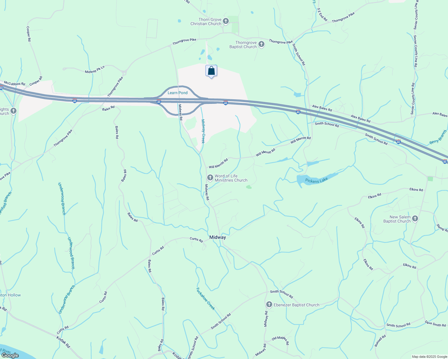 map of restaurants, bars, coffee shops, grocery stores, and more near 1522 Midway Road in Strawberry Plains