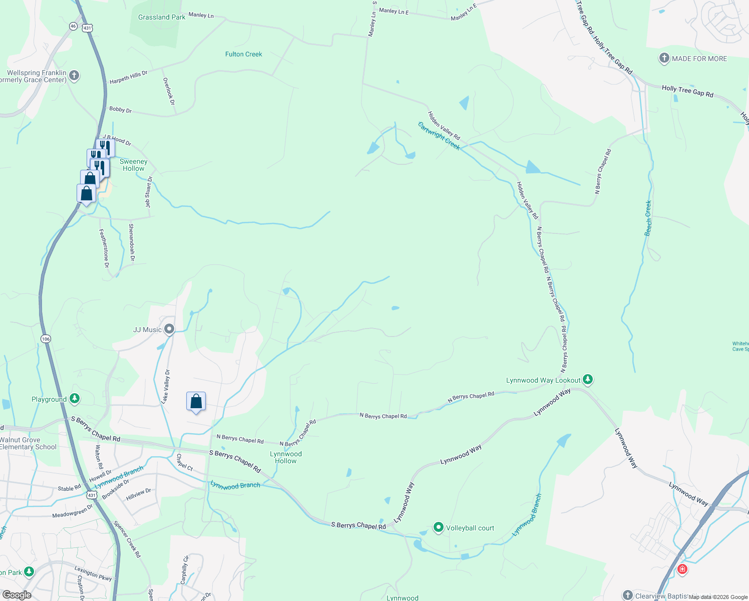 map of restaurants, bars, coffee shops, grocery stores, and more near 2708 Eglington Terrace in Franklin